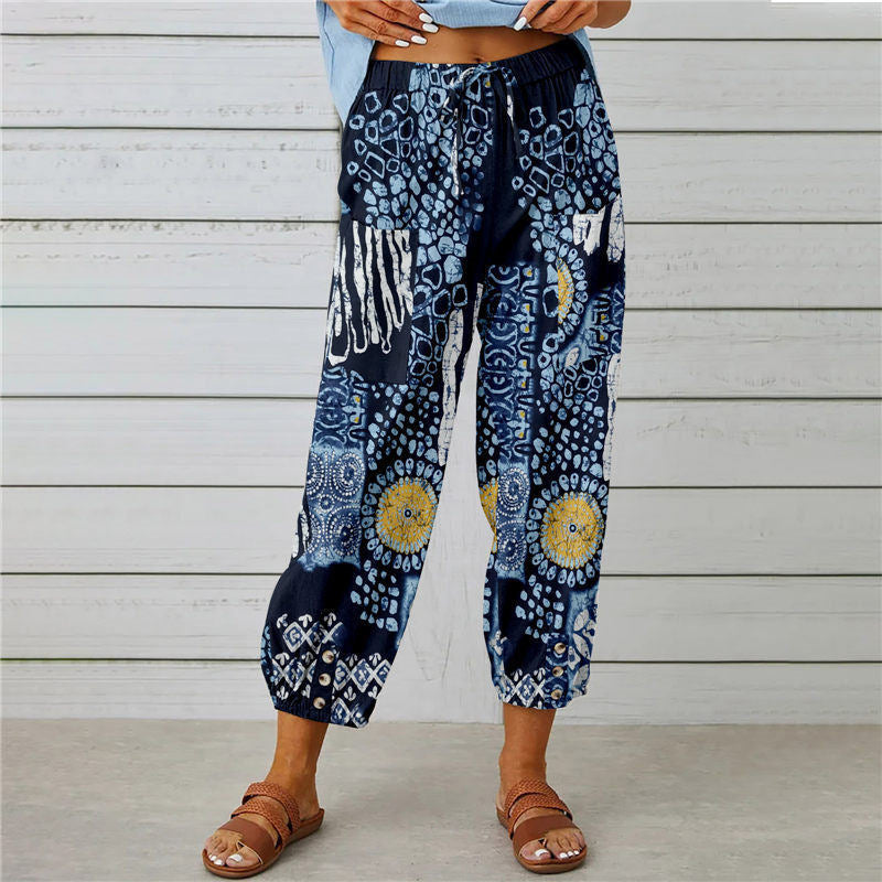 Damen lässige Pant mit floralem Druck und praktischen Knöpfen EB