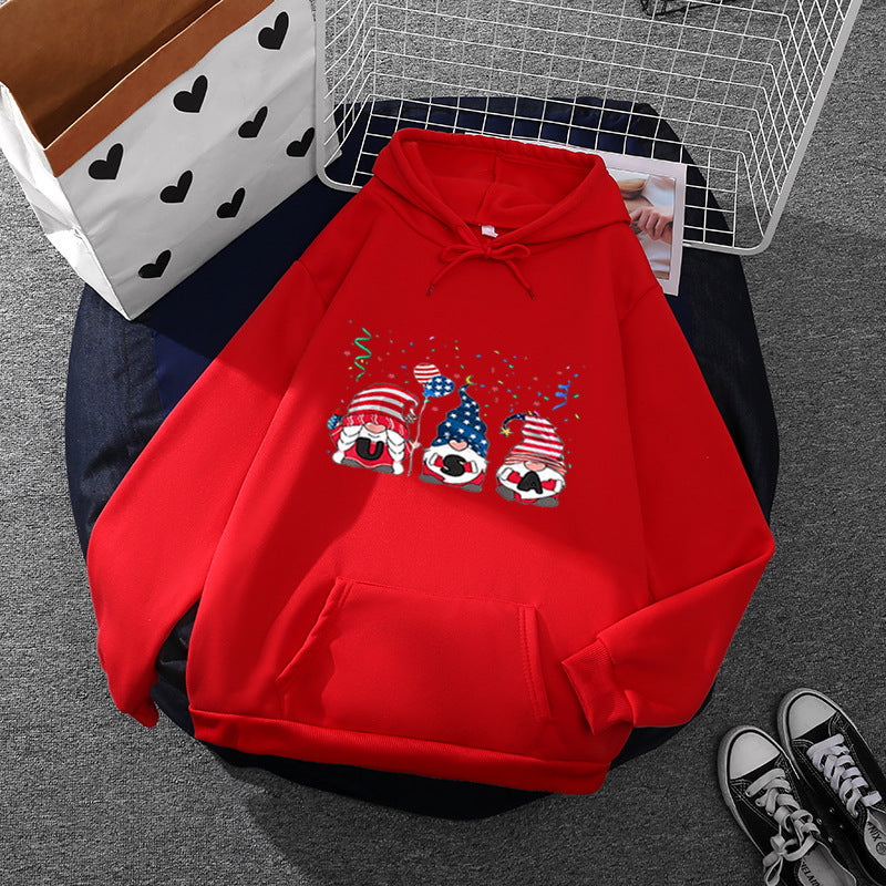 Damen nan Kapuzenpullover mit patriotischem Gartenzwerg-Print, angerautem Fleece-Innenfutter, Oversize-Schnitt und Kängurutasche EB