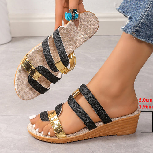 Damen modische Wedgesandalen mit Glitzer- und Metallic-Akzenten EB