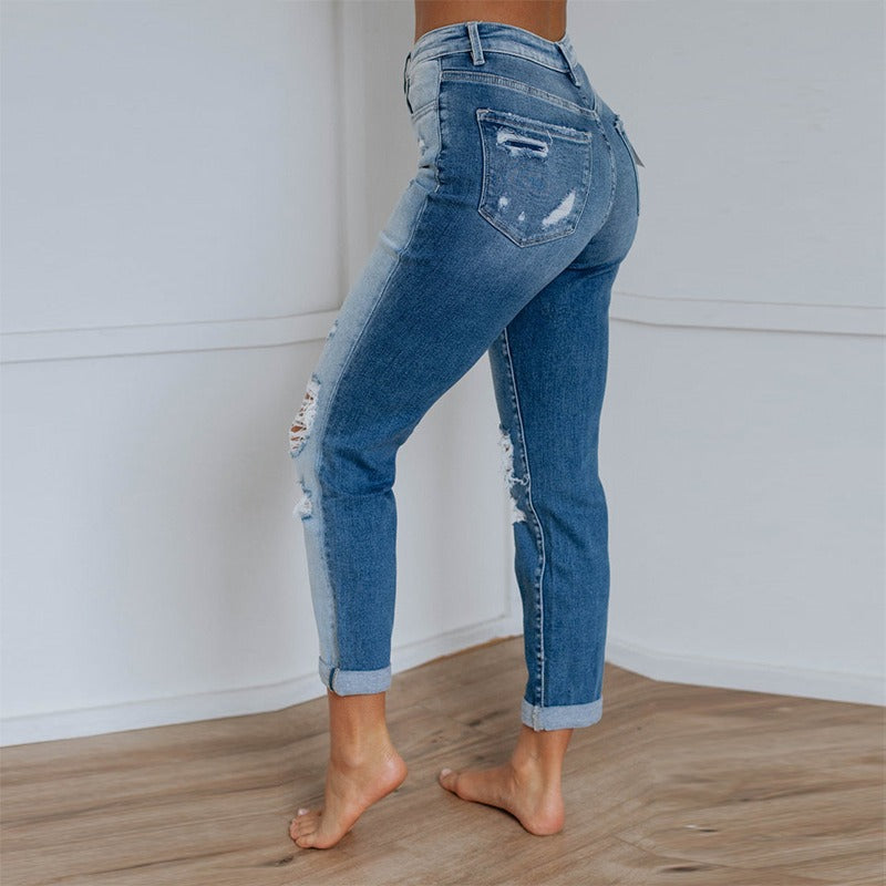 Damen Hoch geschnittene Destroyed Jeans im lässigen Vintage-Stil EB