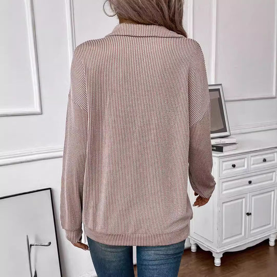 Damen lässiger Pullover mit Reißverschluss und gestreiftem Design EB