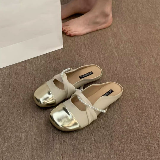Damen Modische Ballerina-Pantoletten mit eleganter Perlenverzierung EB