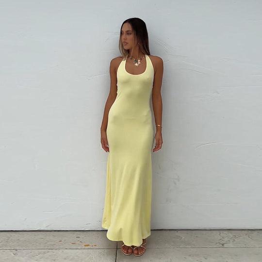 Damen bodenlanges Sommerkleid mit figurbetontem Schnitt und elegantem U-Boot-Ausschnitt EB