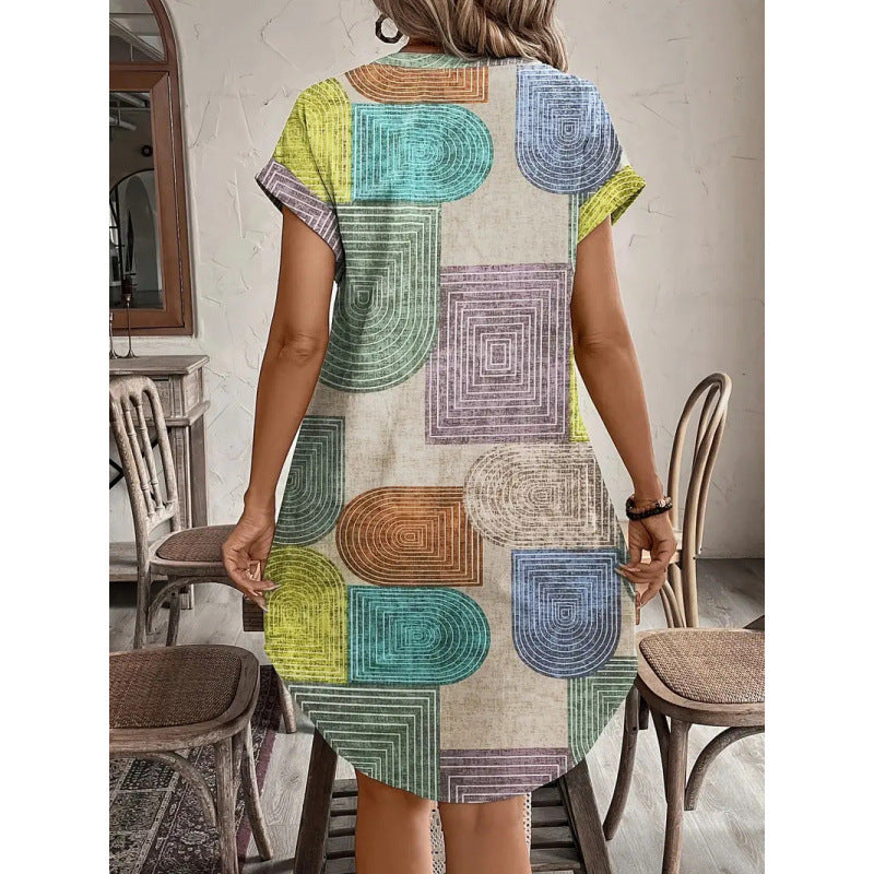 Damen Hemdblusenkleid mit geometrischem Muster und kurzen Ärmeln EB