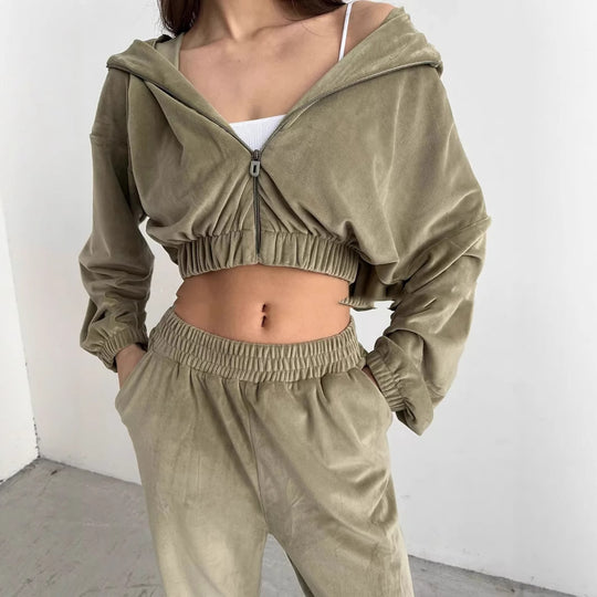 Damen luxuriöser Samt-Trainingsanzug mit geraffter Bomberjacke und High-Waist Jogginghose EB