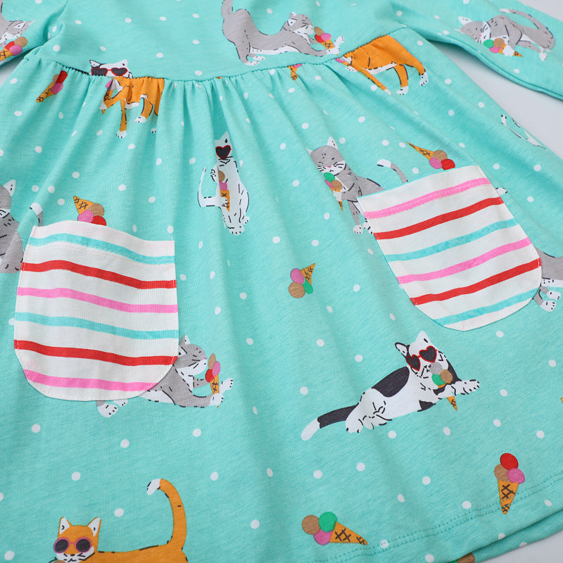 Mädchen Freizeitkleid mit verspieltem Katzenmotiv und praktischen Taschen EB