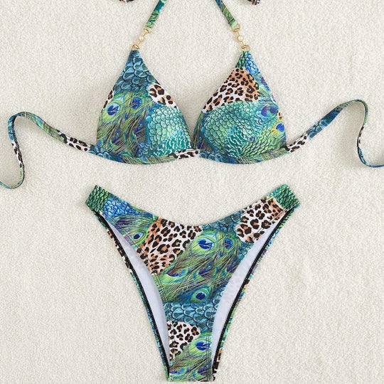Damen Triangel-Bikini mit lebendigem Tier- und Pfauenmotiv EB