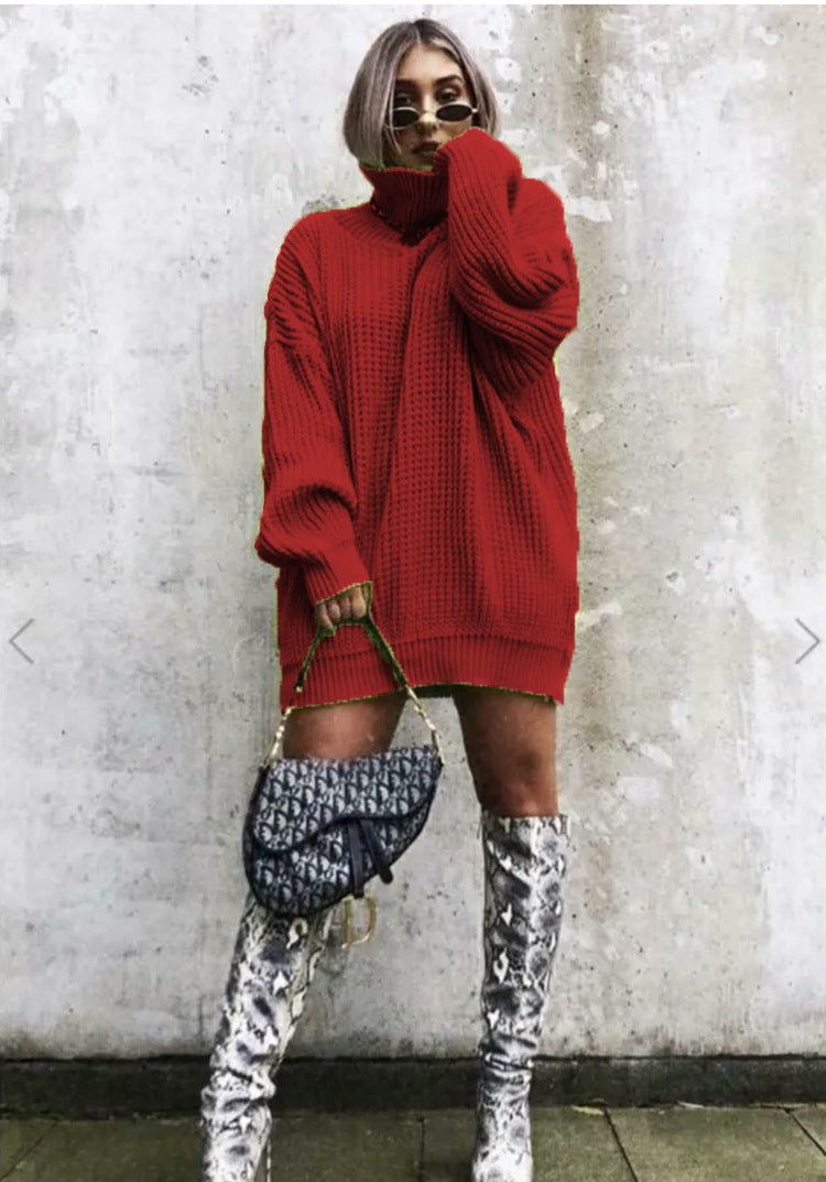 Damen Oversized Strickpullover mit hohem Kragen und Waffelmuster EB