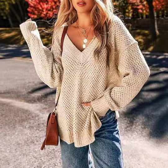 Damen Leicht gestrickter V-Ausschnitt Pullover mit lässigem Schnitt EB