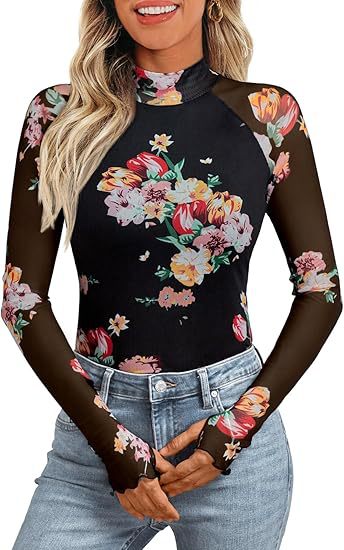 Damen Transparentes Mesh-Longsleeve mit Blumenprint und Stehkragen EB