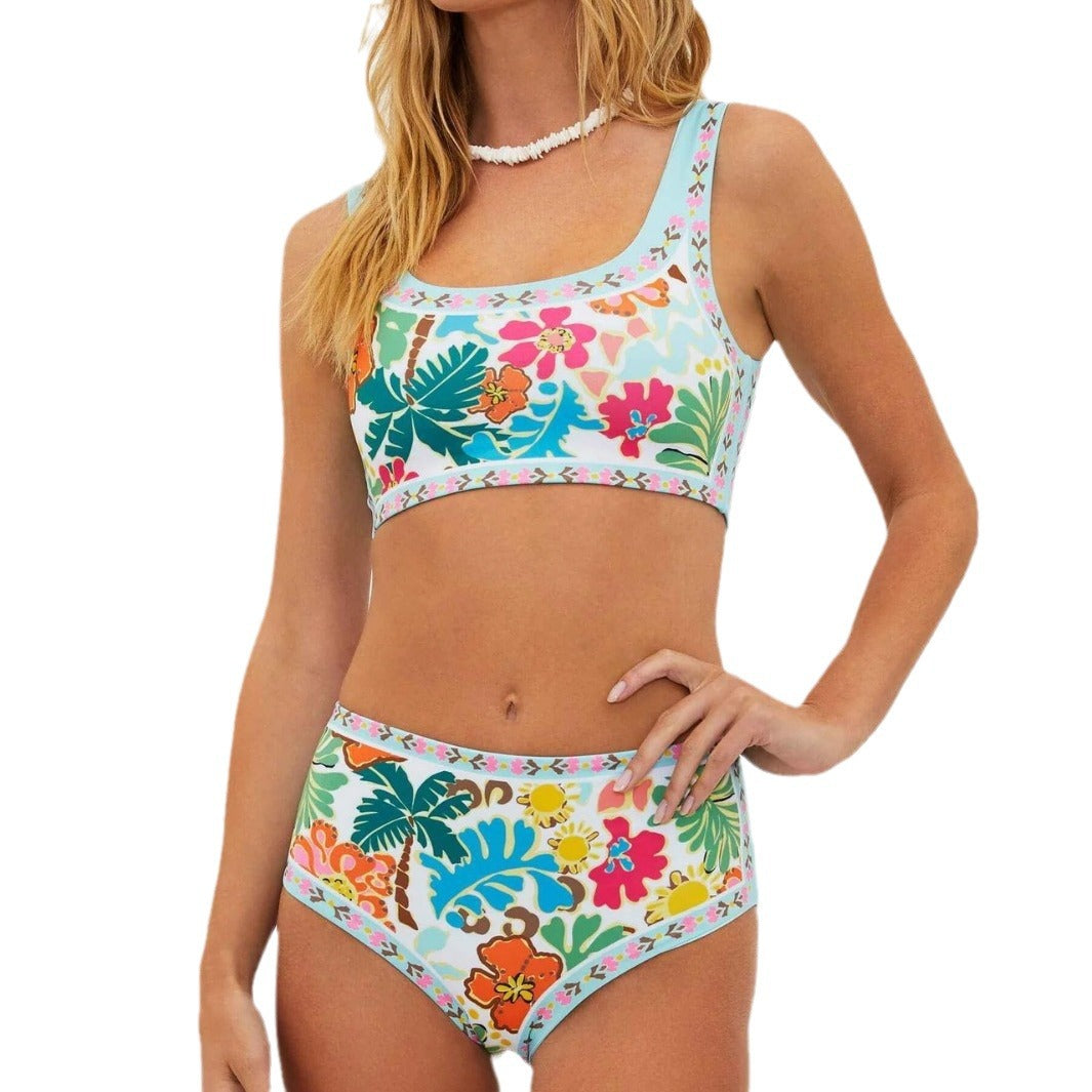 Damen Zweiteiliges Bademode-Set mit hohem Bund und floralem Design EB