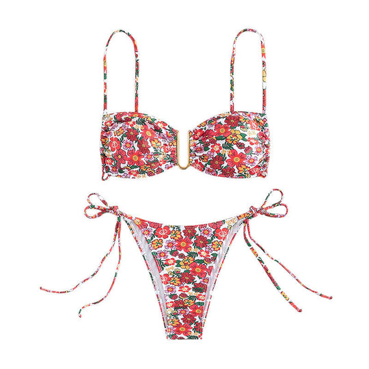 Damen Blumenmuster Bikini mit verstellbaren Trägern und elegantem Goldring EB
