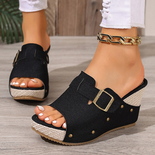 Damen Wedge-Pantoletten mit modischem Schnallen-Design und hochwertigem Obermaterial EB
