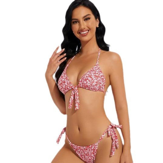 Damen Triangel-Bikini mit verspieltem Bindeband und floralem Design EB
