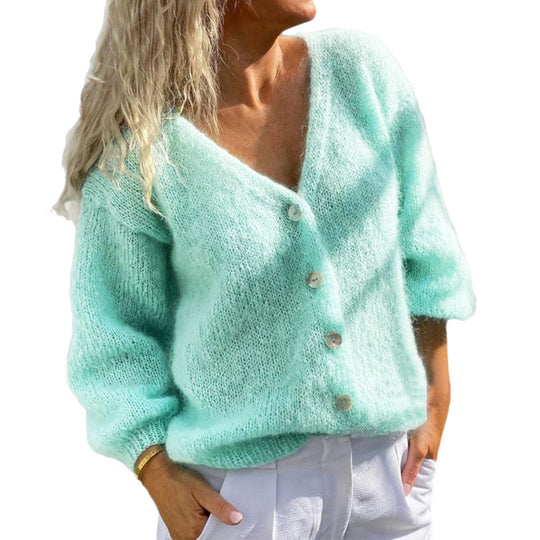 Damen gemütliche Strickjacke mit V-Ausschnitt und lässigen Puffärmeln EB