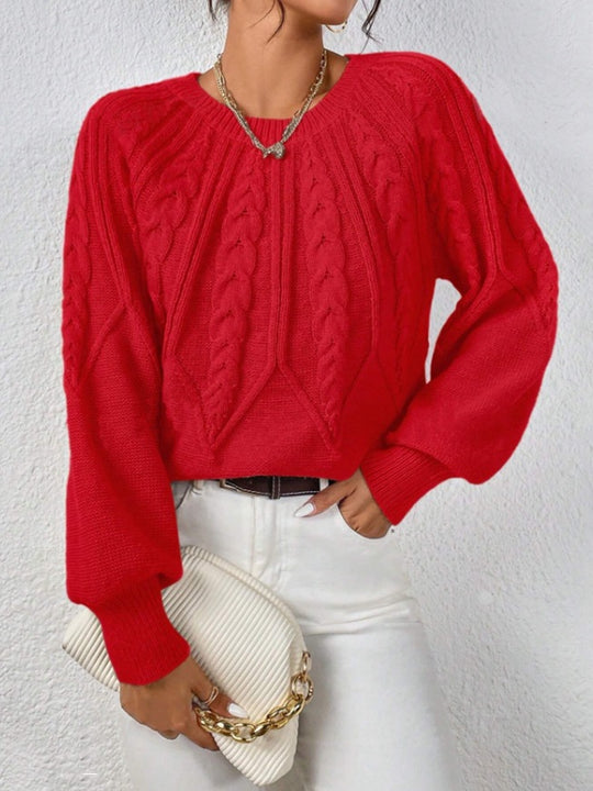 Damen nan kurzer Zopfmuster-Strickpullover mit Ballonärmeln und geripptem Saum EB