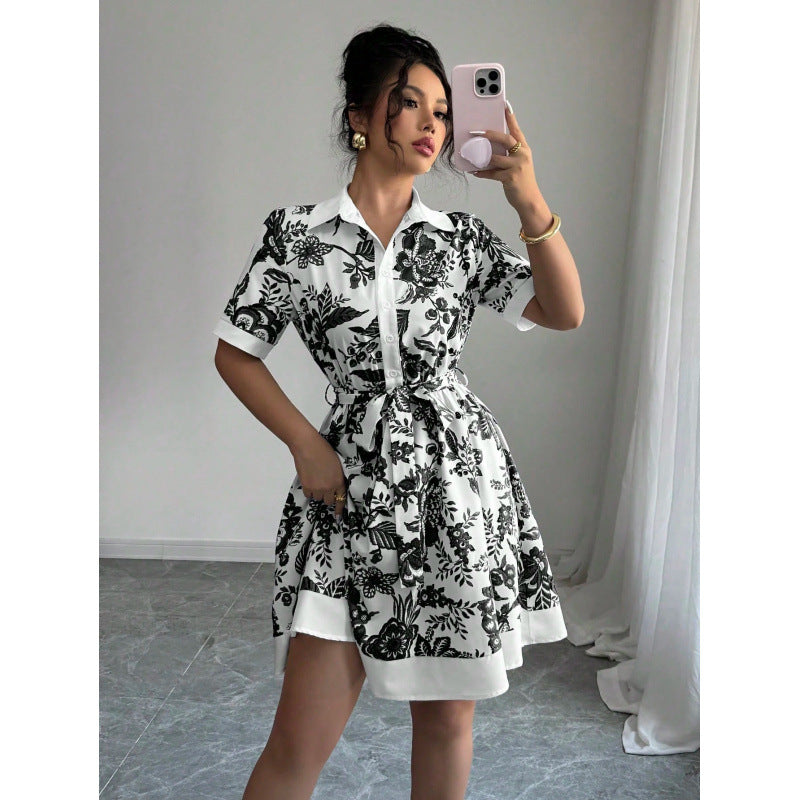 Damen Hemdblusenkleid mit floralem Muster und Taillengürtel EB