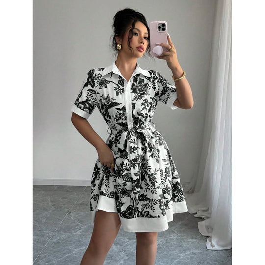 Damen Hemdblusenkleid mit floralem Muster und Taillengürtel EB