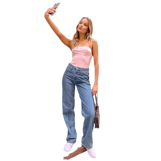 Damen Hohe Taille Jeans mit weitem Bein und klassischem Schnitt EB