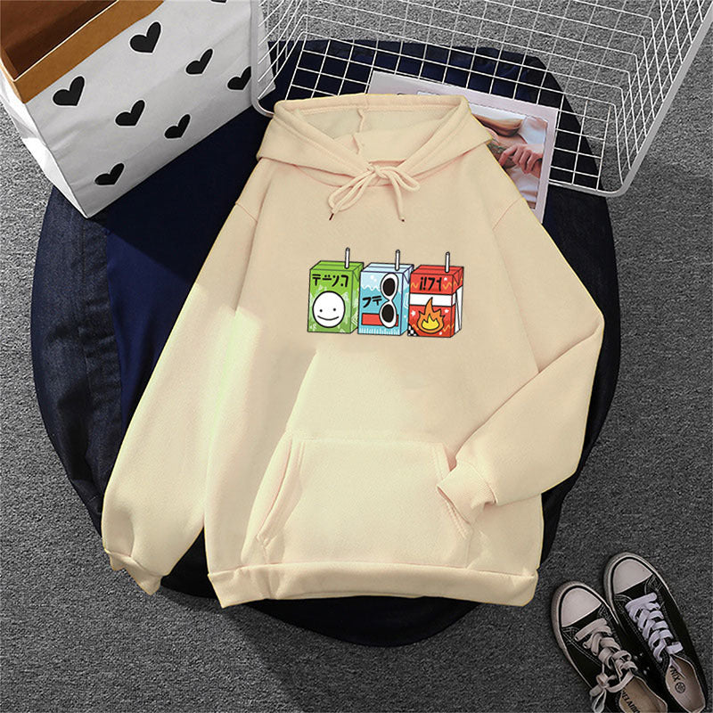 Damen nan oversized Kapuzenpullover mit Cartoon-Getränkekarton-Print, Kängurutasche und weichem Innenfutter EB