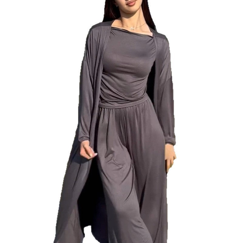 Damen lässiger Maxikleid-Anzug mit offenem Cardigan EB