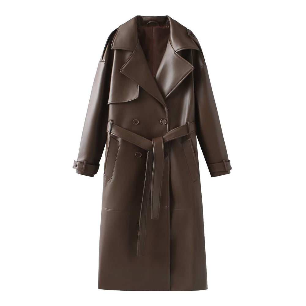 Damen Kunstleder-Trenchcoat mit elegantem Schnitt und taillierbarem Gürtel EB