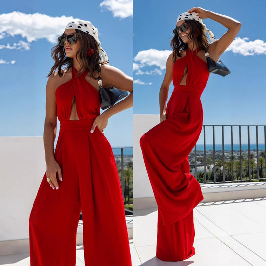 Damen Jumpsuit mit tiefem V-Ausschnitt und weiten Beinen EB