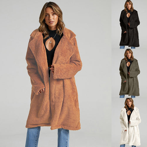 Damen Lange, flauschige Teddy-Jacke mit Revers EB