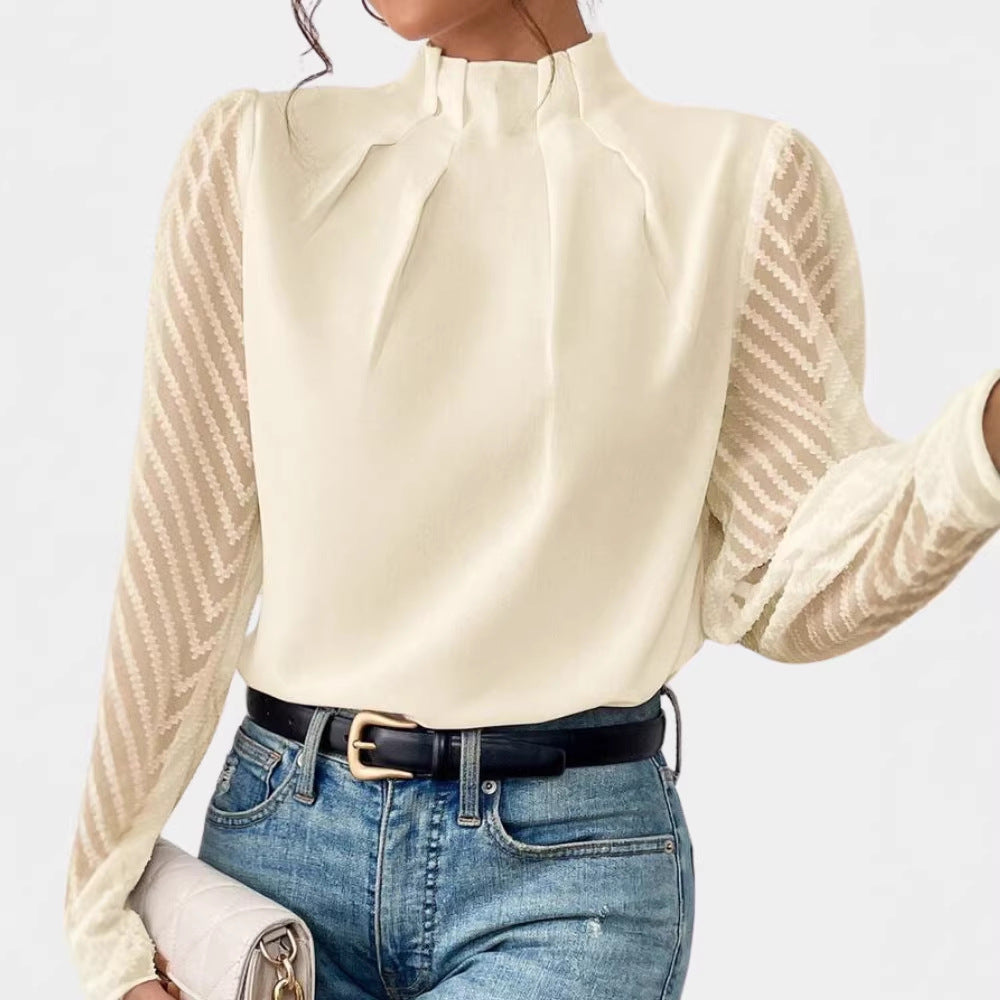 Damen Elegante Chiffonbluse mit Stehkragen, Faltenkante und transparenten Jacquard-Ärmeln EB