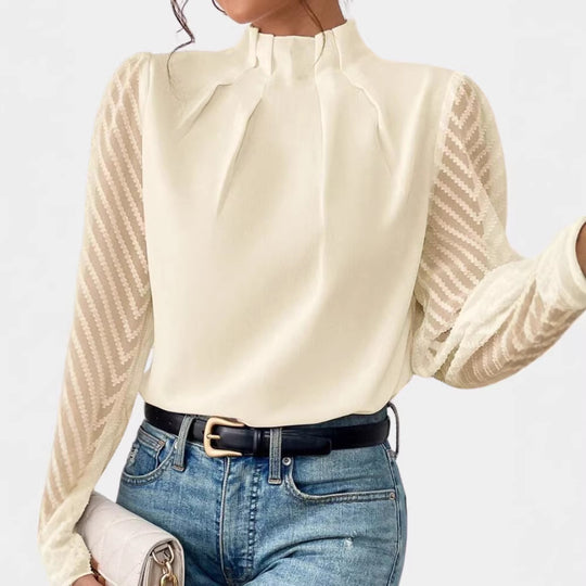 Damen Elegante Chiffonbluse mit Stehkragen, Faltenkante und transparenten Jacquard-Ärmeln EB