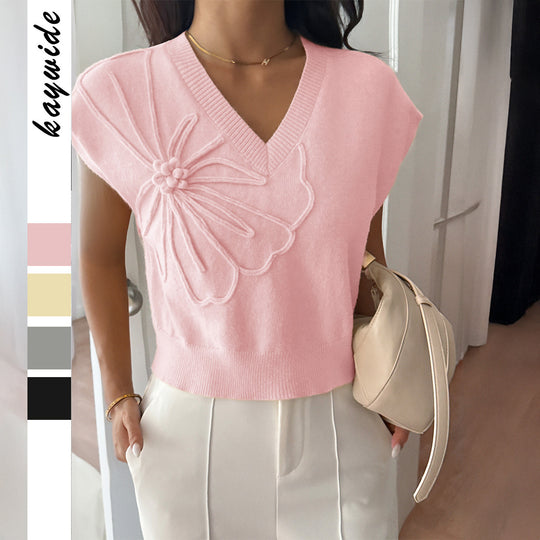 Damen V-Ausschnitt Strickoberteil mit floralem Relieffinish EB