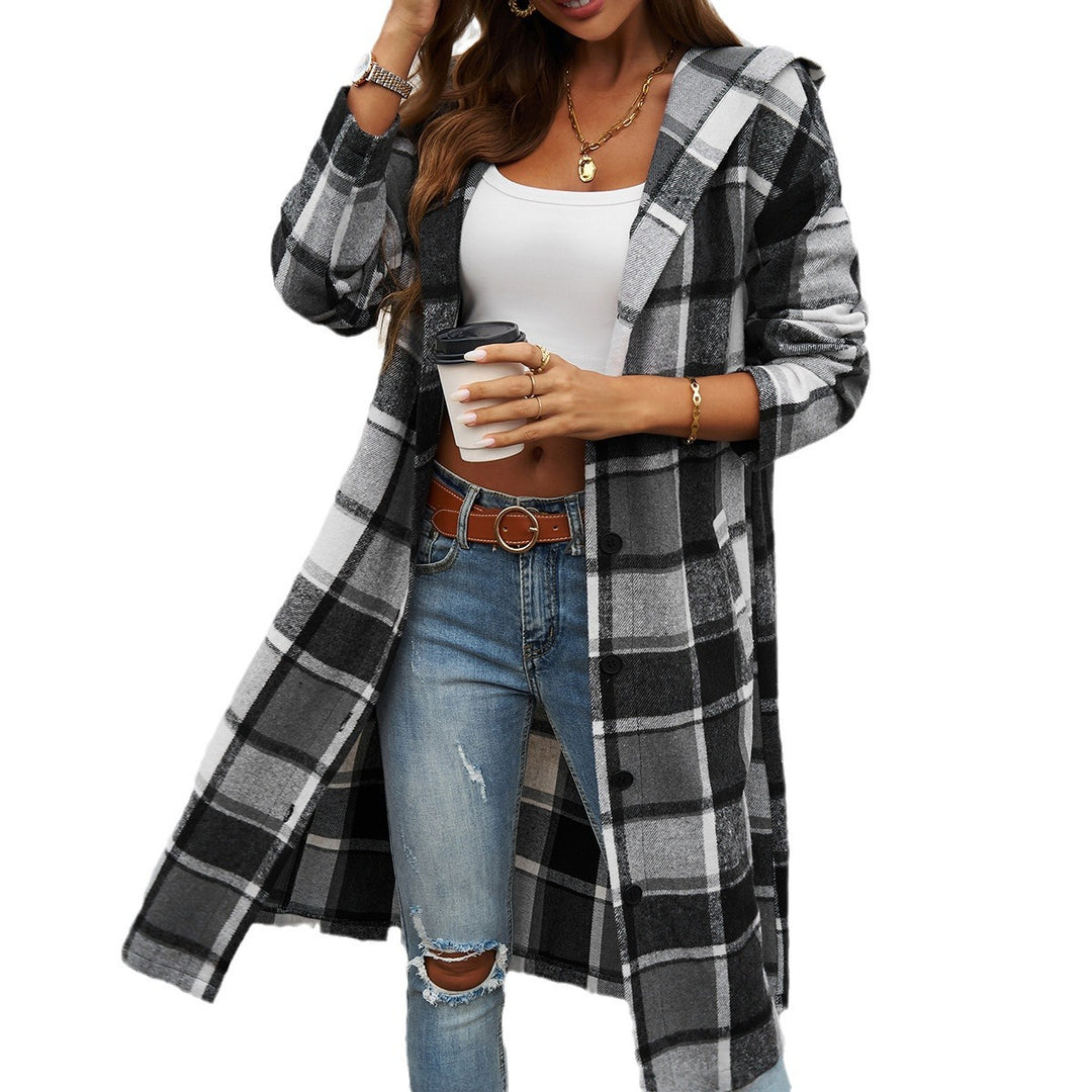 Damen nan lockeres Kapuzen-Hemdkleid mit karierter Flanelloptik, durchgehender Knopfleiste und hohem Beinschlitz EB