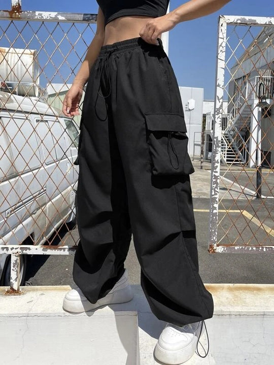 Damen nan weite Cargo-Hose mit Tunnelzugbund, Mehrfachtaschen und verstellbarem Saum EB