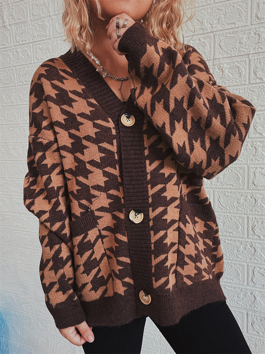 Damen gemütlicher Strickcardigan mit modernen Hahnentrittmuster und Knopfdetails EB