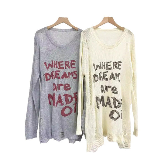 Damen Oversized Pullover mit kreativen Schriftzügen und raffinierten Details EB