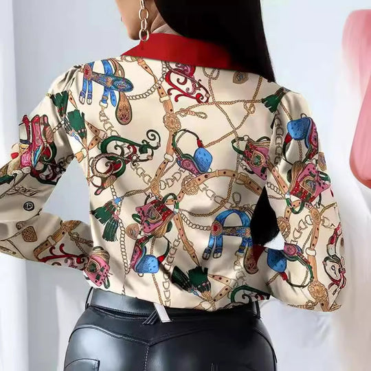 Damen elegante Bluse mit künstlerischem Druck und dekorativen Akzenten EB