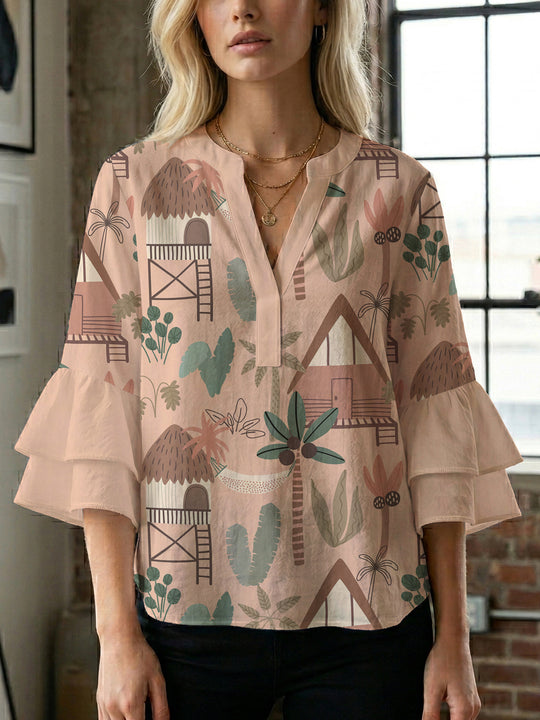 Damen Bluse mit Rüschendetails und auffälligem Animal-Print EB