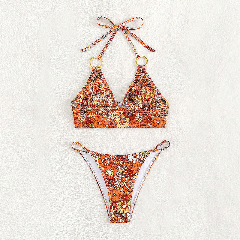 Damen Triangel-Bikini mit modischem Blütenmuster und eleganten Ringdetails EB