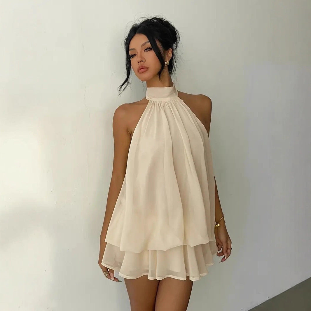 Damen lässiges Trägerkleid mit hochgeschlossenem Design und gerafftem Saum EB