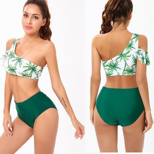 Damen Einseitiger Bikini mit floralem Design und hohem Taillenschnitt EB
