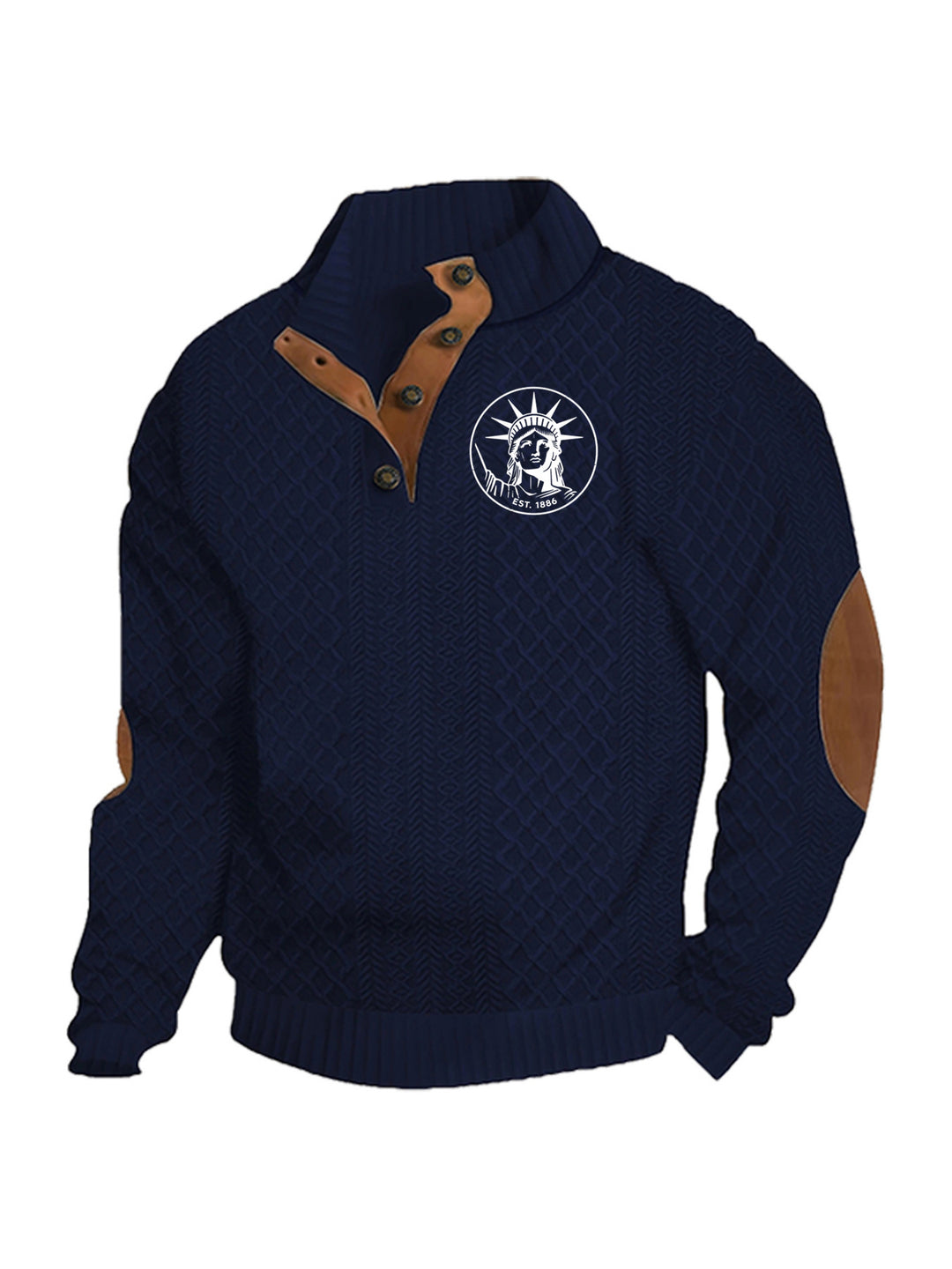 Herren nan Heritage-Strukturpullover mit Stehkragen Lederimitat-Besatz Ellenbogen-Patches und Halbknopfleiste EB