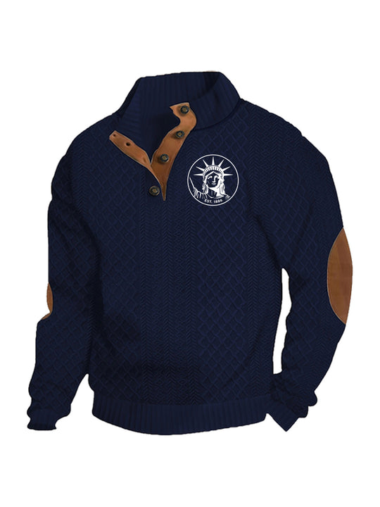 Herren nan Heritage-Strukturpullover mit Stehkragen Lederimitat-Besatz Ellenbogen-Patches und Halbknopfleiste EB