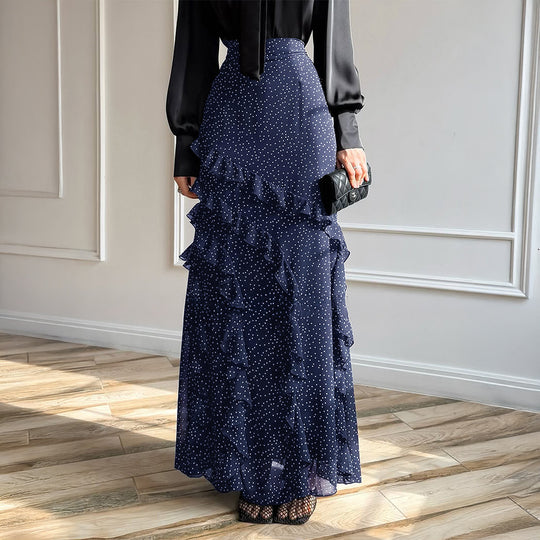 Damen nan Maxirock mit hohem Taillenbund, asymmetrischen Volants und fließender Chiffon‑Optik EB
