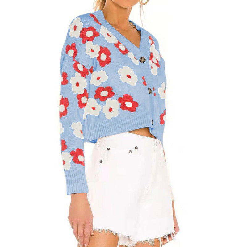 Damen Strickjacke mit floralen Mustern und dekorativen Knöpfen EB