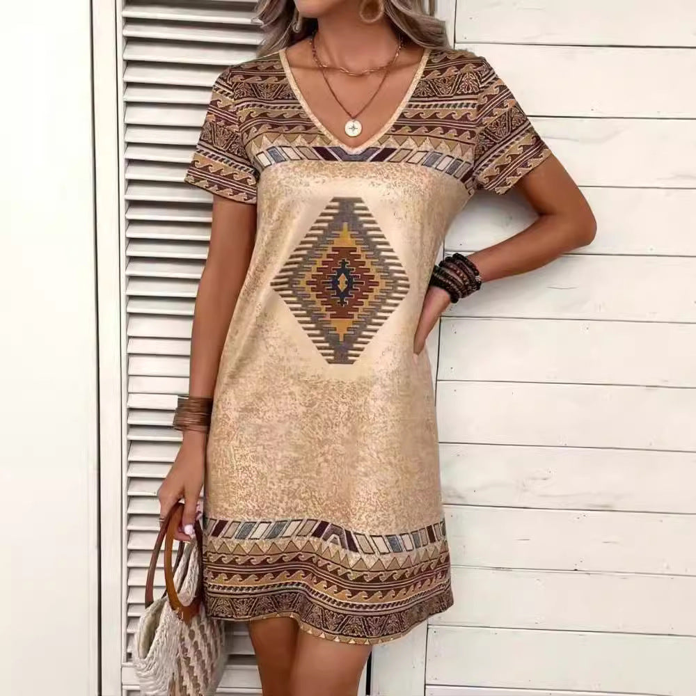 Damen lässiges Tunika-Kleid mit ethnischem Muster EB