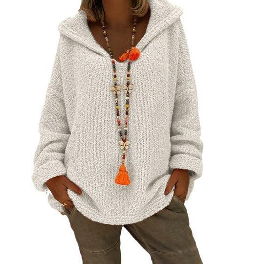 Damen bequemer Strickpullover mit Kapuze und lässigem Schnitt EB