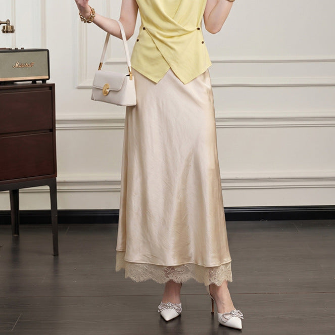 Damen  ausgestellter Satin-Midirock mit feiner Spitzenunterlage und nahtlosem Taillenbund EB