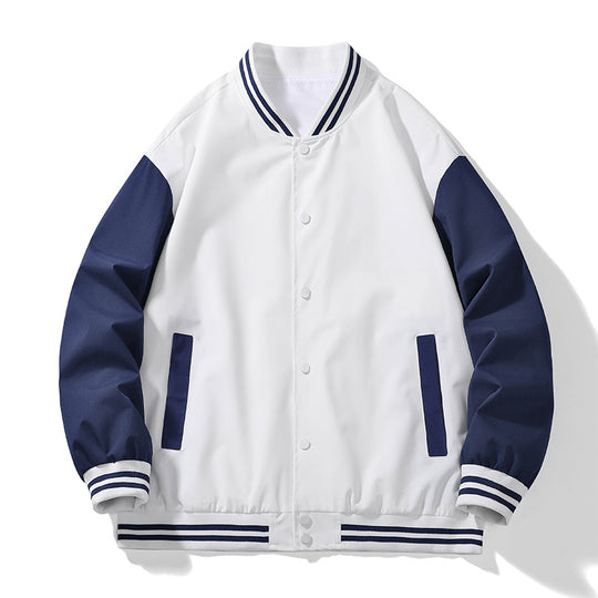 Unisex College-Bomberjacke im Varsity-Stil mit kontrastärmeln, gestreiften Rippbündchen und Druckknopfverschluss EB