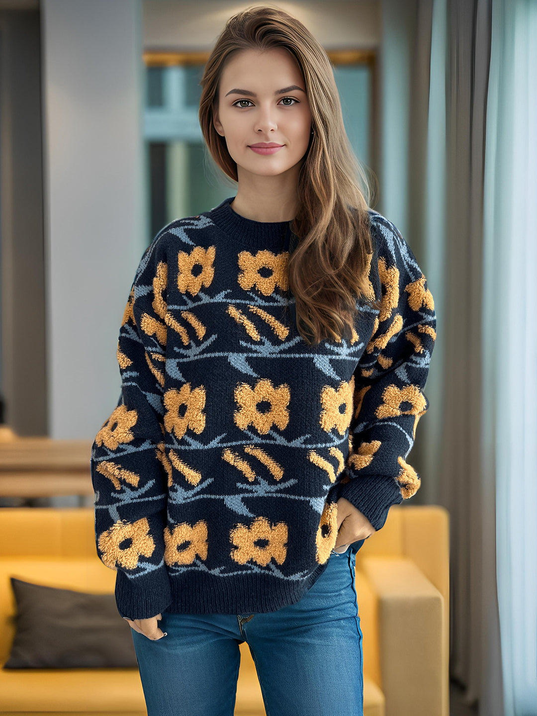 Damen Strickpullover mit floralem Muster und lässigem Schnitt EB