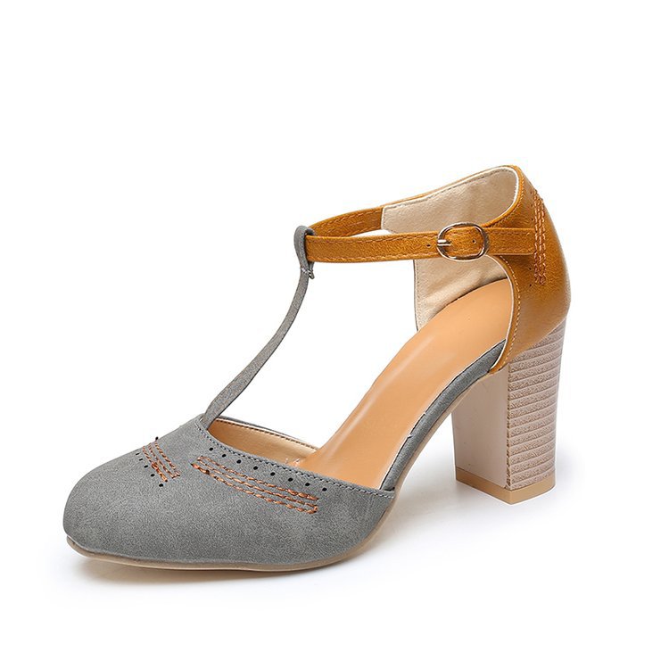 Damen elegante T-Strap Sandalen mit Blockabsatz EB